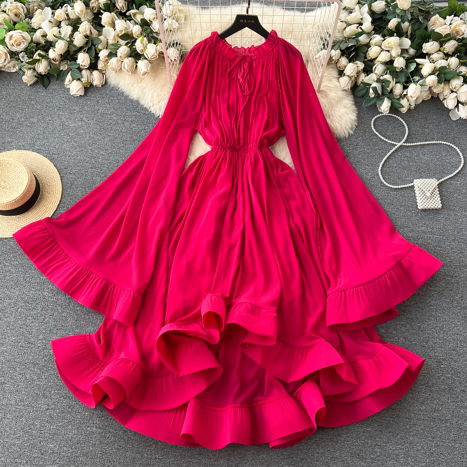 

VANOVICH Luxury Vintage Fashion V-neck Lace-up Flare Sleeve Ruffled Temperament Waist Slim Dress Sweet Solid Color O-neck Dress