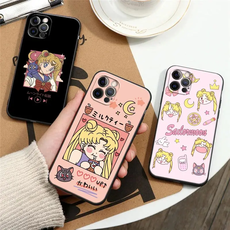 

Anime Phone Case for iPhone 7 8 Plus SE 2020 11 12 13 Pro Xs Max Mini XR Case Cute Sailor Moon Glitter Girl Black Silicone Cover