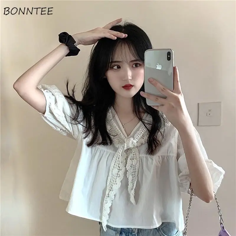 

Blouses Women Bandage V-neck Slim Solid Crop Top Sweet Kawaii Gentle Casual Chic Cozy Блузки Korean Style Design College Retro