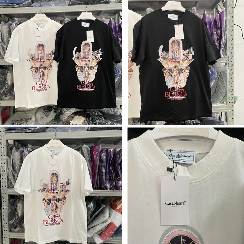 

Summer Round Neck Pure Cotton Street Hip-Hop Portrait Print Casablanca Short Sleeve Mens T Shirts for men women