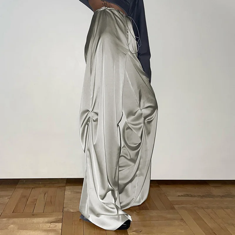 

Новинка 2023, элегантные однотонные драпированные атласные Свободные повседневные Тканые штаны в европейском и американском стиле с низкой талией, длинные брюки