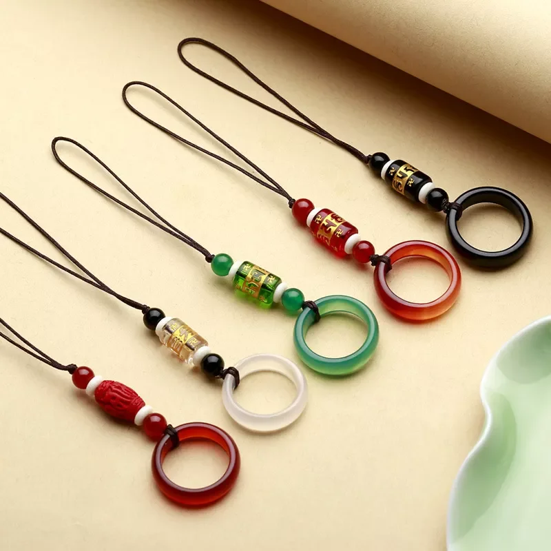 

For Mobile Phone Straps Lanyard Ring Buckle Multifunctional Key Ring Natural Agate Jade Couple Mobile Phone Chain Chinese Style