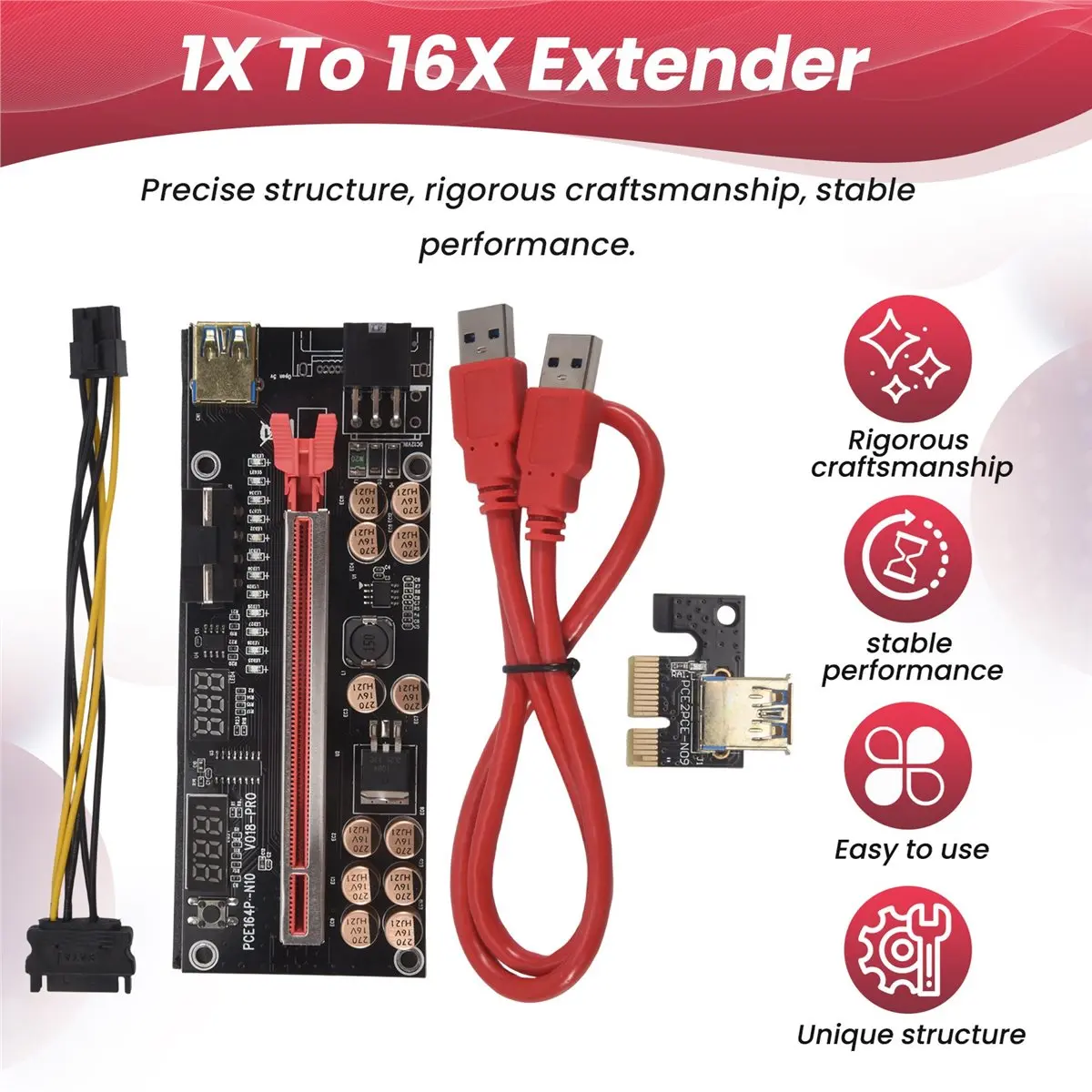 Фото (DT77) VER018 PRO PCI-E Riser Card USB 3.0 Cable 018 PLUS PCI Express 1X To 16X Extender PCIe Adapter for BTC Mining (красный) №3