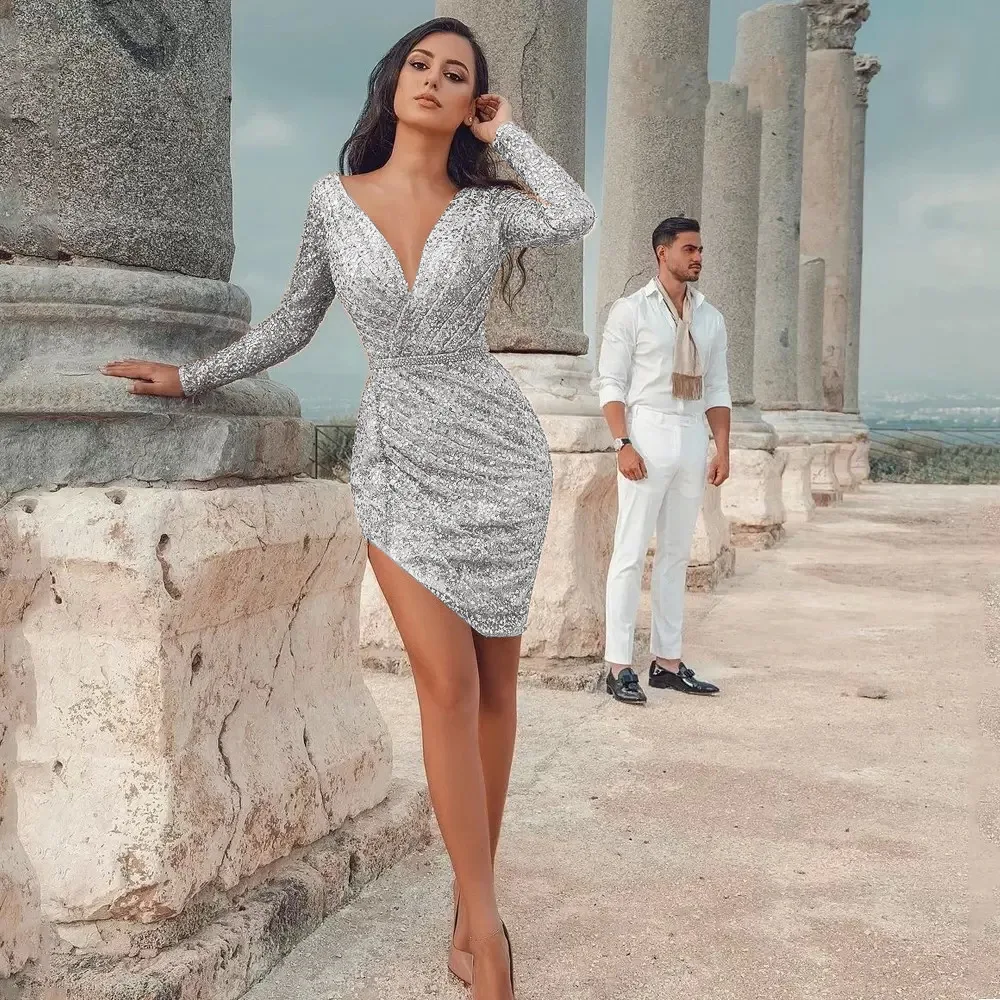 Women'S Party Sexy Deep V Long Sleeve Slim Pencil Dress