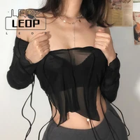 ledp fall winter new womens sexy lace up v neck long sleeve black t shirt womens club mesh cover up see through crop top
