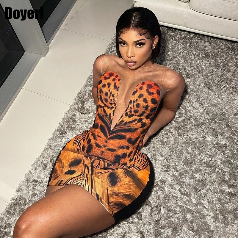

Sexy Night Club Party Dress Women Summer Mesh Leopard Print Sheath Short Bandage Bodycon Mini Dresses for Women 2022 Elegant