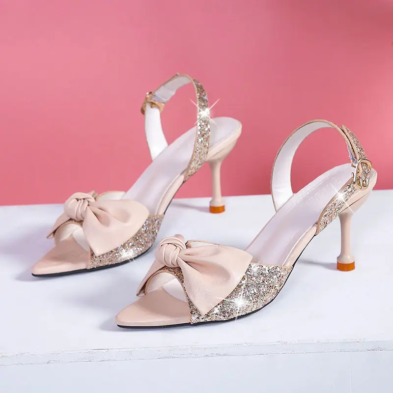 

Brand Exquisite Ladies Fashion Sweet Black Pointed Bow Solid Color Casual Middle Heel Buckle Stiletto Shoes for Women