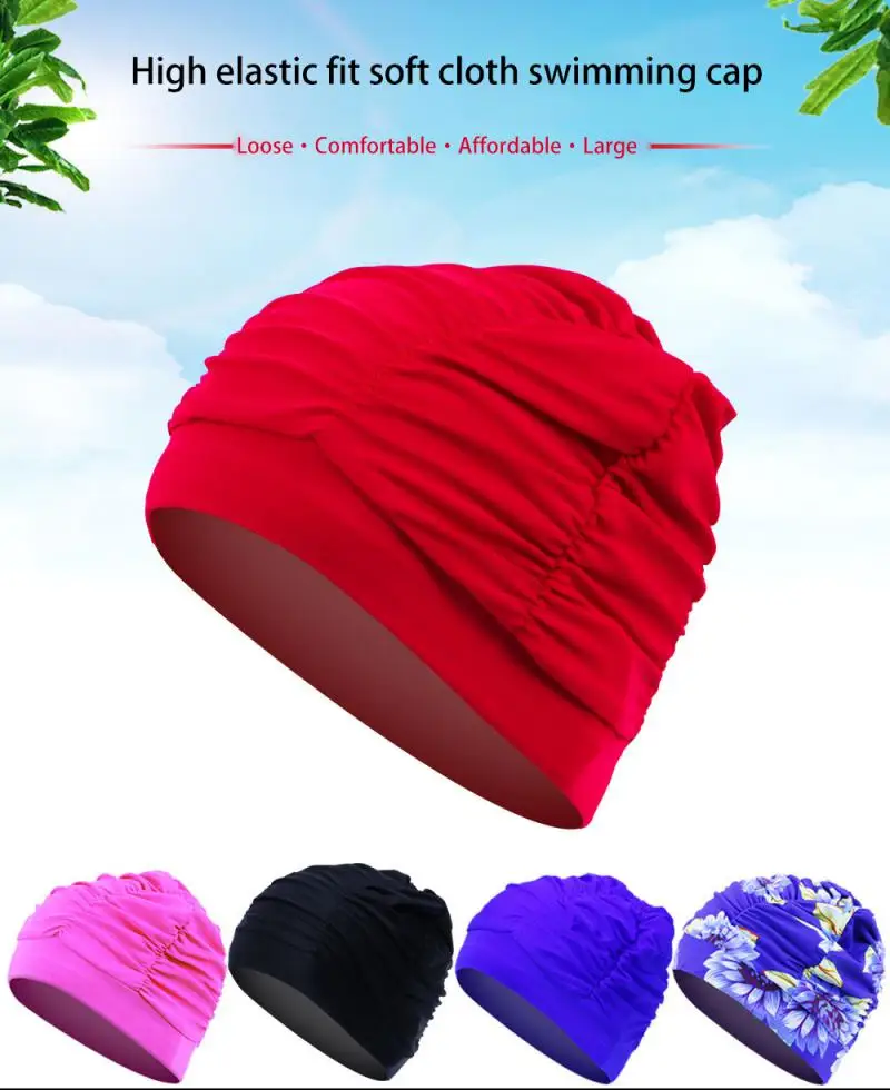 

1pc Women Free Size Swim Pool Hat Bathing Seaside Elastic Protect Long Hair Sport Swimming Cap Solid Color Printing Nylon Turban