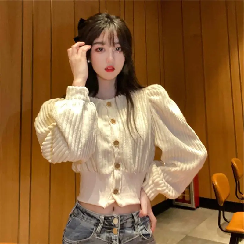 

Shirt Jackets Women Slim Cropped Corduroy Daily Puff Sleeve Clothing Leisure Spring Solid All-match O-Neck Coats Single Breasted