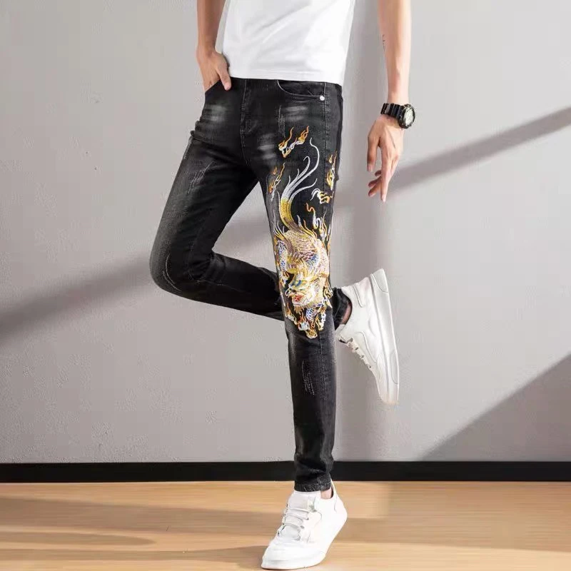 EH·MD® Wave and Dragon Embroidered Jeans Men's Red Ear Trend Slim Foot Elastic Youth Art Word Chinese Style Blue Trousers Loose
