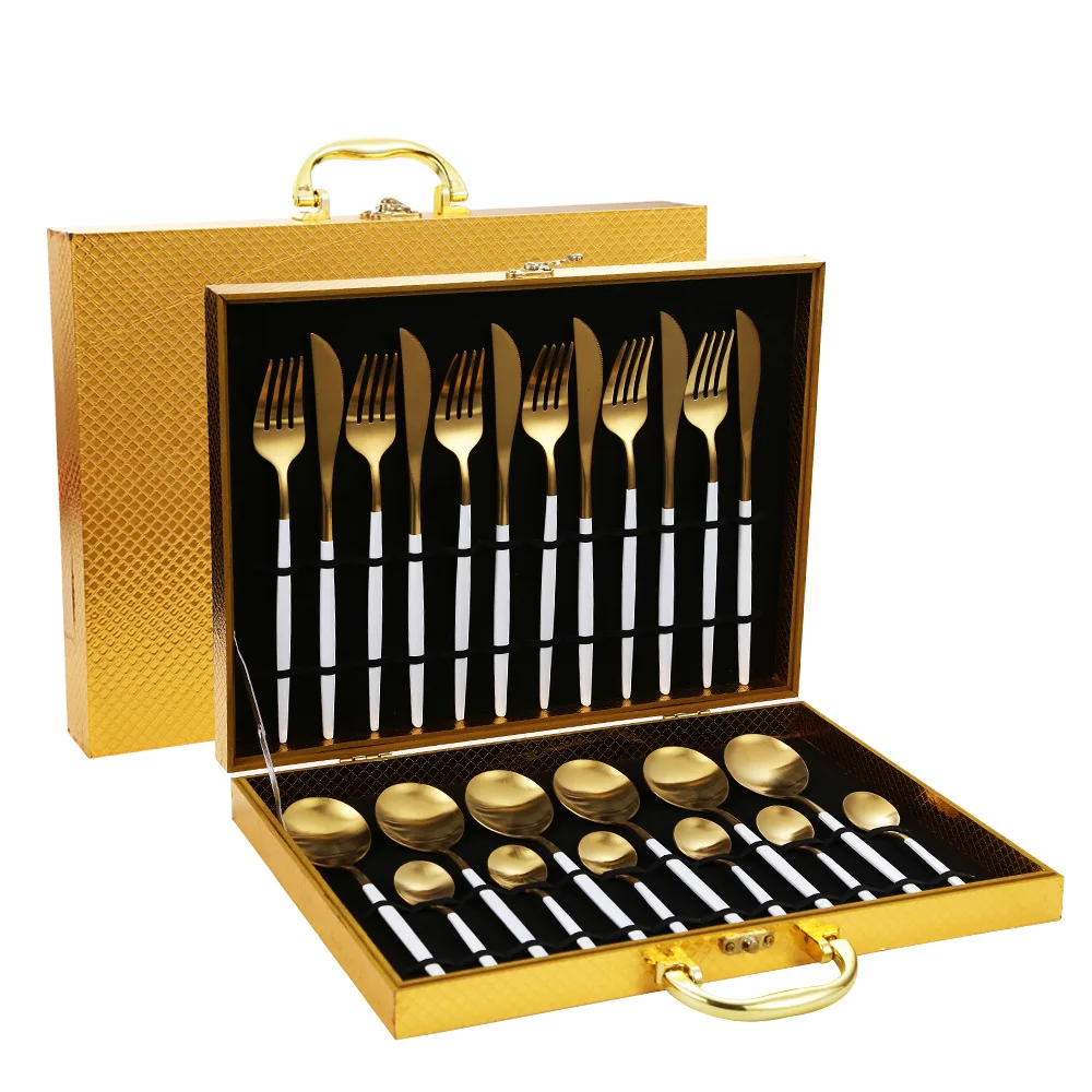 

24pcs Dinnerware Set Stainless Steel Tableware Knife Fork Tea Spoon Luxury Cutlery Flatware Silverware With Wooden Gift Box