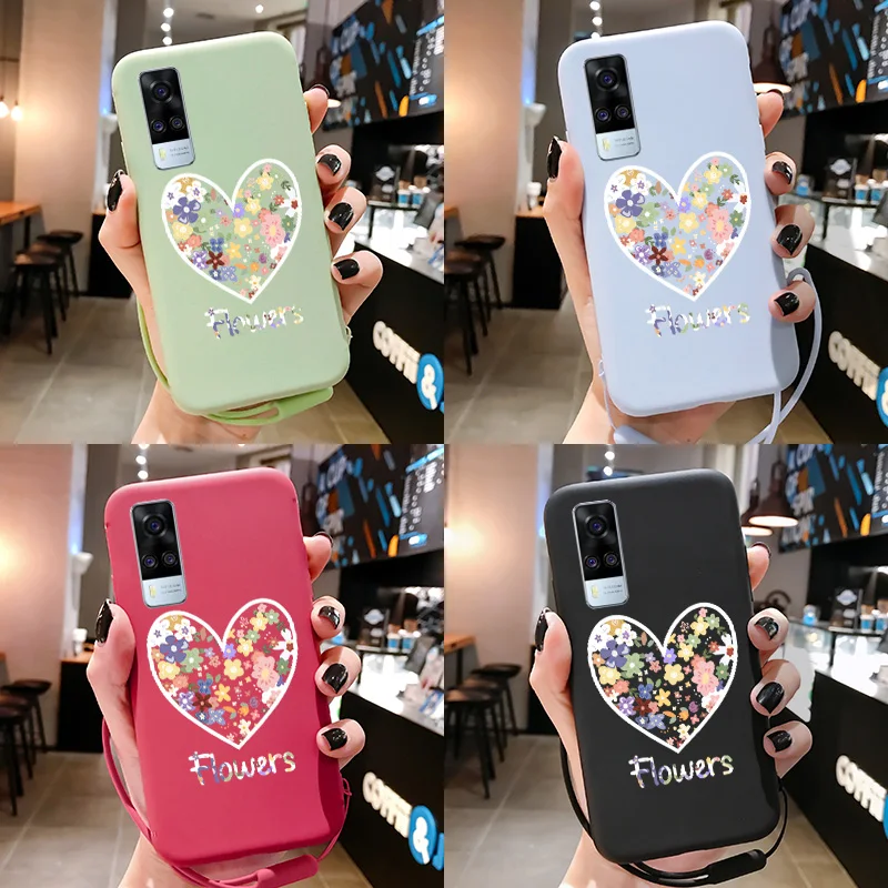 

For Y52 Y52S Y51S Y51A Y51 Y72 Y31S Y31 Y20 Y19 Y17 Y12 X60 Pro Cover Fashion Love Heart Hand Lanyard Silicone TPU Phone Case