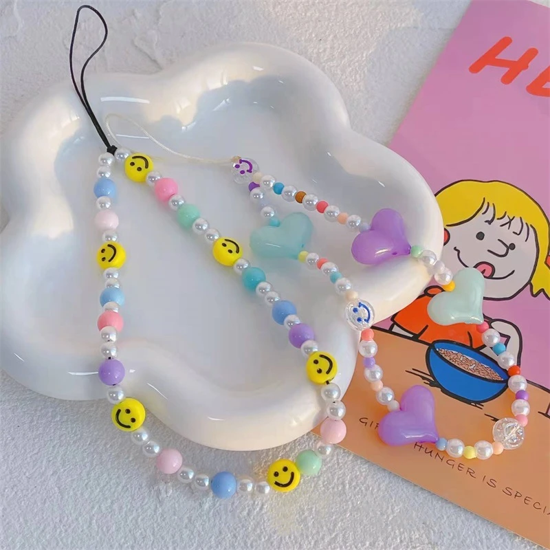 

Bohemia Resin Yellow Smiley Color Imitation Pearl Beaded Lanyard Purple Green Love-Shaped Concatenate Pearl Mobile Phone Lanyard