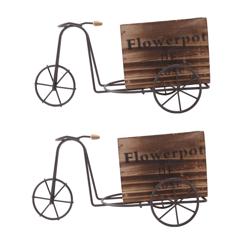 

2X Wooden Tricycle Model Flower Pot Wrought Iron Bicycle Flower Stand Indoor Storage Rack Home Garden Desktop Decor
