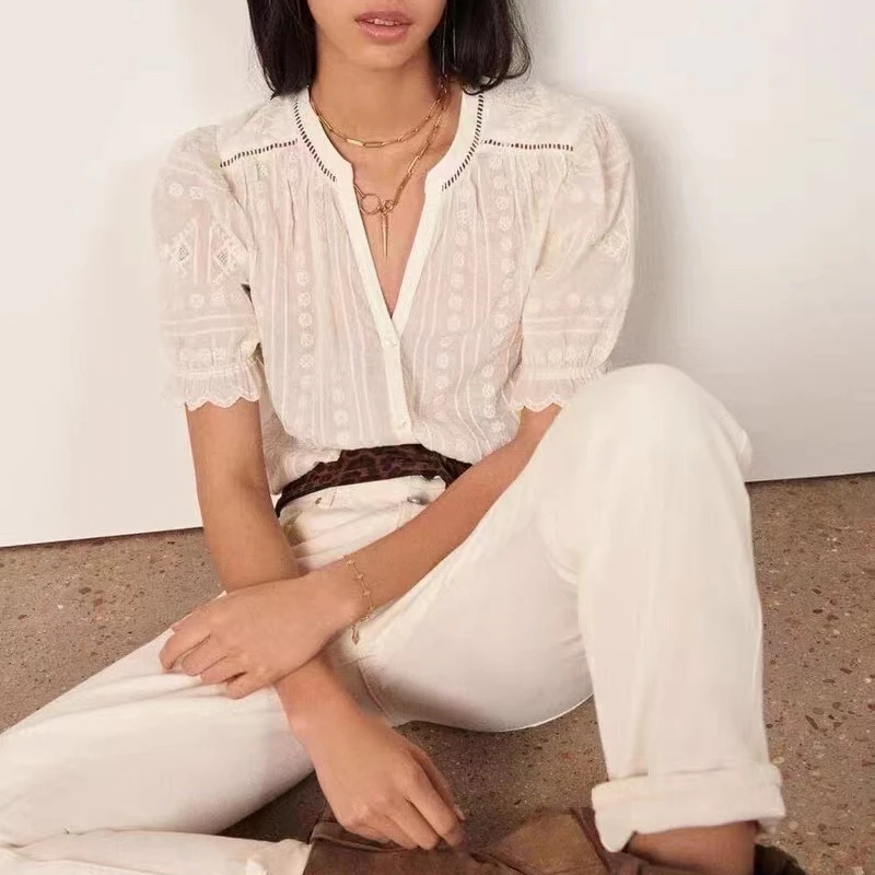 

Heavy Embroidered Women Shirt Top V-neck Short Sleeved Lace lady blouse