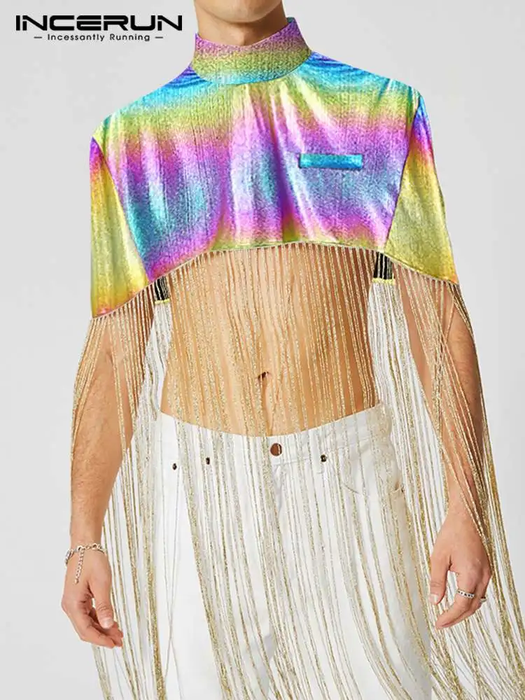 

INCERUN Fashion Men T Shirt Tassel Patchwork Tie Dye Shiny Turtleneck Sexy Irregular Crop Tops Cape 2022 Streetwear Camisetas 7