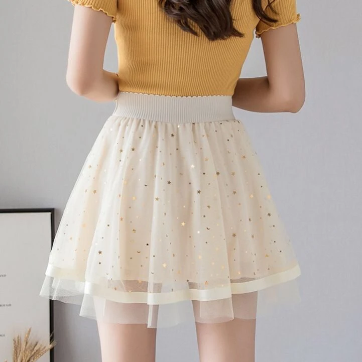 

2022 New Star Mesh Skirt Girl Sequin High Waist Thin A-shaped Skirt Summer Women Students Apricot Dress College
