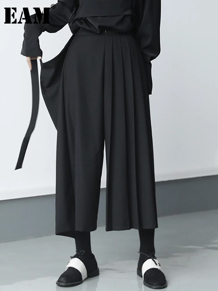 

[EAM] Черные Облегающие брюки с высокой эластичной талией, плиссированные широкие брюки, новые свободные брюки, женские модные брюки, весна-ос...