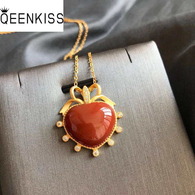 

QEENKISS NC5295 Fine Jewelry Wholesale Fashion Woman Bride Mother Birthday Wedding Gift Vintage Agate Heart 24KT Gold Necklace