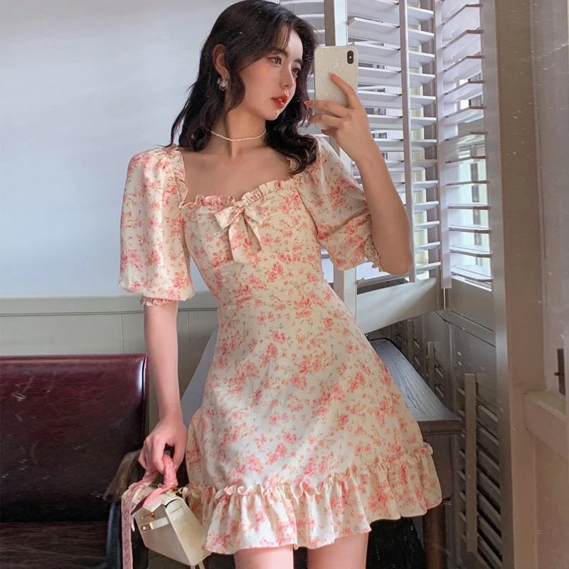 

2022 Philosophy New Summer Elegant Floral Print Dress Kawaii Korean Sweet Style Lace Up Slimming Dress Puff Slevve Party Dress