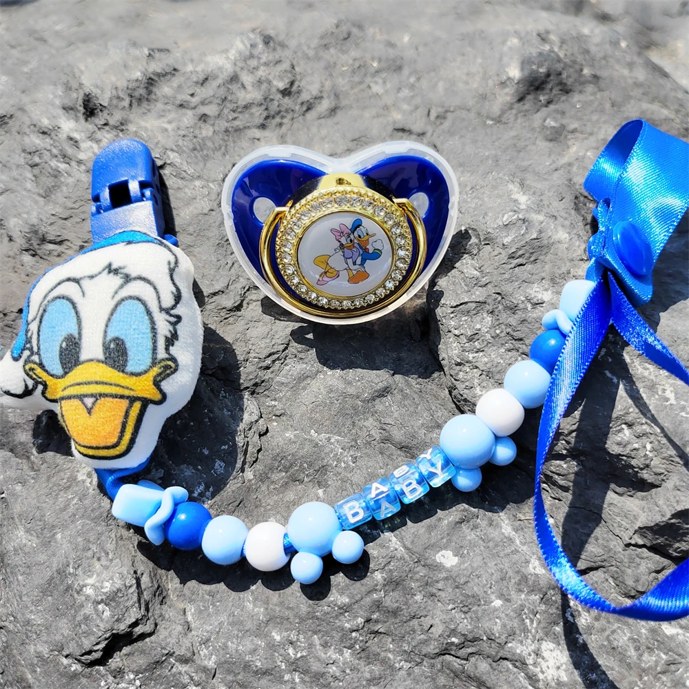 

[pacifier and Clip 1 Set ] Hot Kawaii Disney Donald Duck Blue Mini Plush Chain for Pacifier Dolls Toys for Newborn Babies Anime