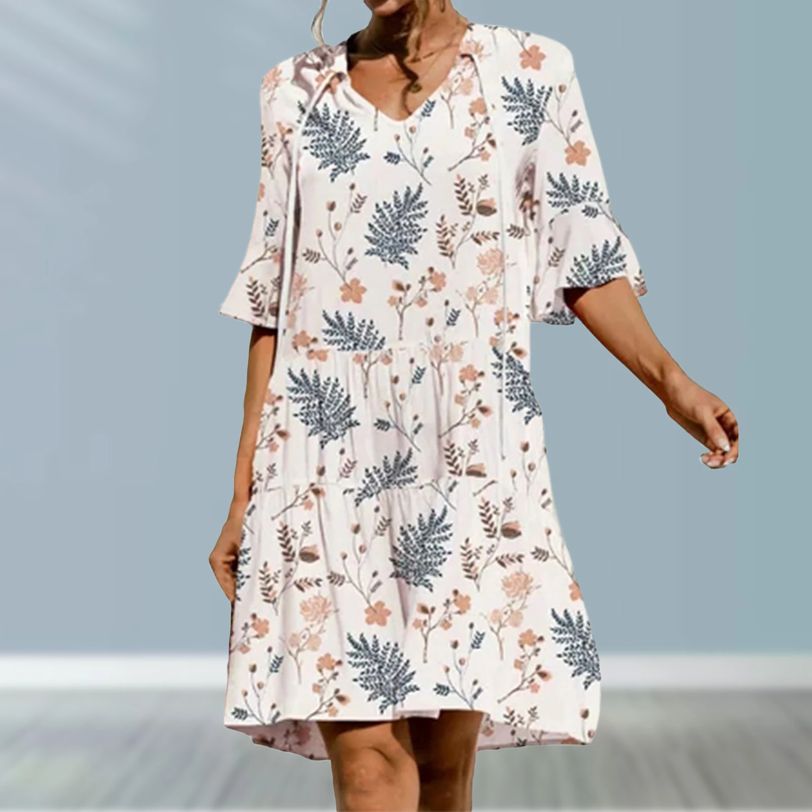 

Женское платье миди с оборками в стиле бохо, летнее Многоярусное платье с цветочным принтом, повседневное пляжное платье с расклешенным рукавом и V-образным вырезом, наряд для отпуска