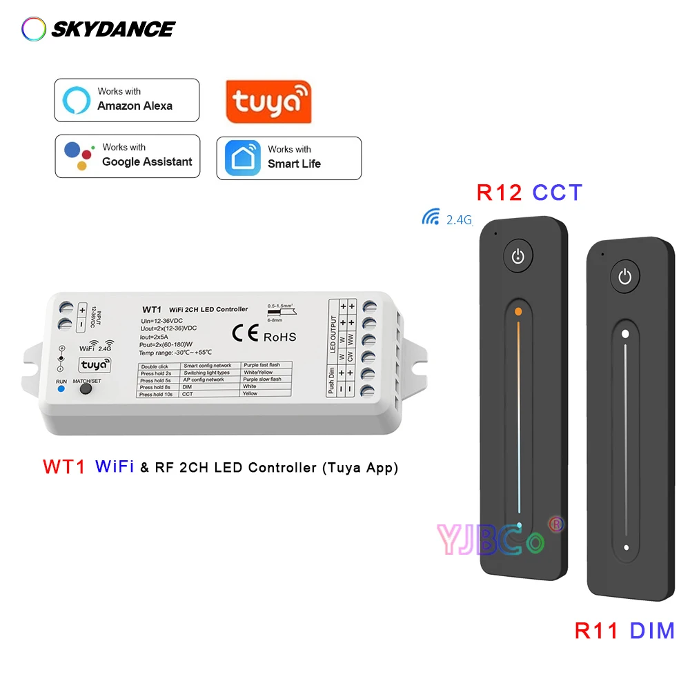 WiFi Push-Dim 2 Channel Receiver WT1 Tuya CCT LED Strip Dimmer Switch 12V 24V Wireless 2.4G RF Single color WW CW Controller