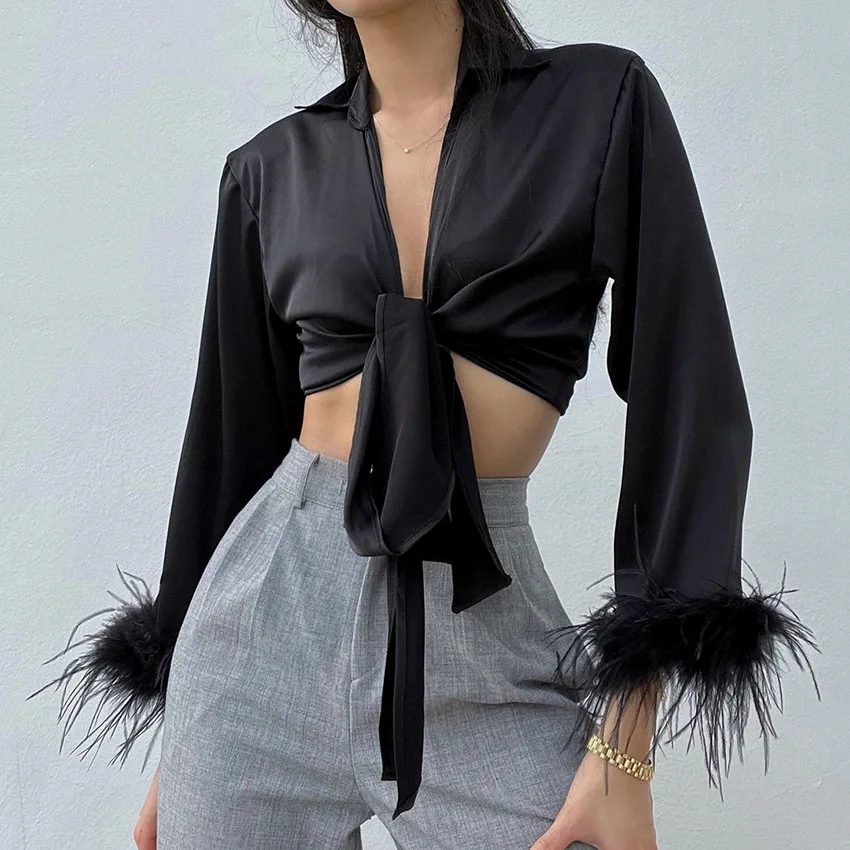 

Cropped Shirt Women Black Long Sleeve With Feathers Y2k Fashion Satin Tops Turn Down Collar Lace Up Shirts Pastel Clothing 90s