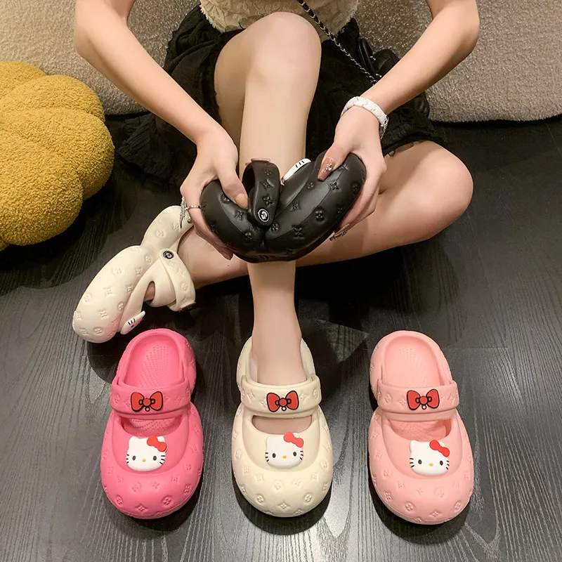 Шлепанцы Мультяшные Hello Kittys Kawaii Sanrioes студенческие уличные сандалии Eva женская мягкая пляжная обувь на толстой подошве на платформе Crocss