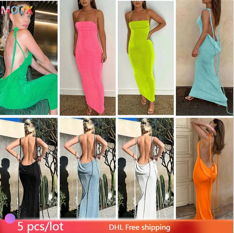 

5 PCS Wholesale Halter Dresses Women Summer Party Clothes Sexy Elegant Dress Bodycon Backless Ladies Robes Bandage Vestidos 9132