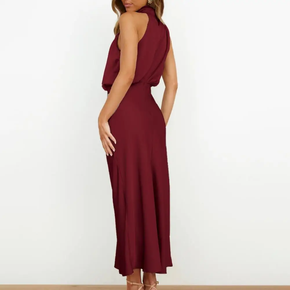 

Off Shoulder Long Dress Elegant Halter Neck Satin Midi Dress Off Shoulder Waist-hugging Flattering Silhouette for Women's Party