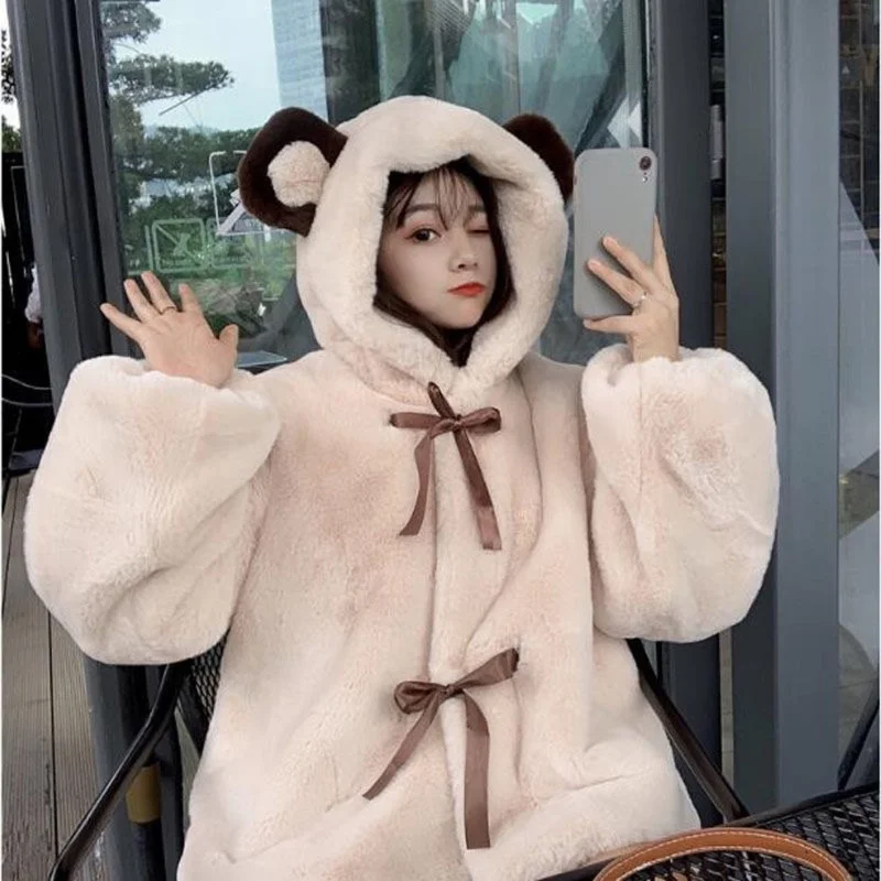 

Cute and Sweet Cartoon Hooded Jacket Women's 2021 Fall/winter New Solid Color Blouse Drawstring Warm Long-sleeved Women's Jacket