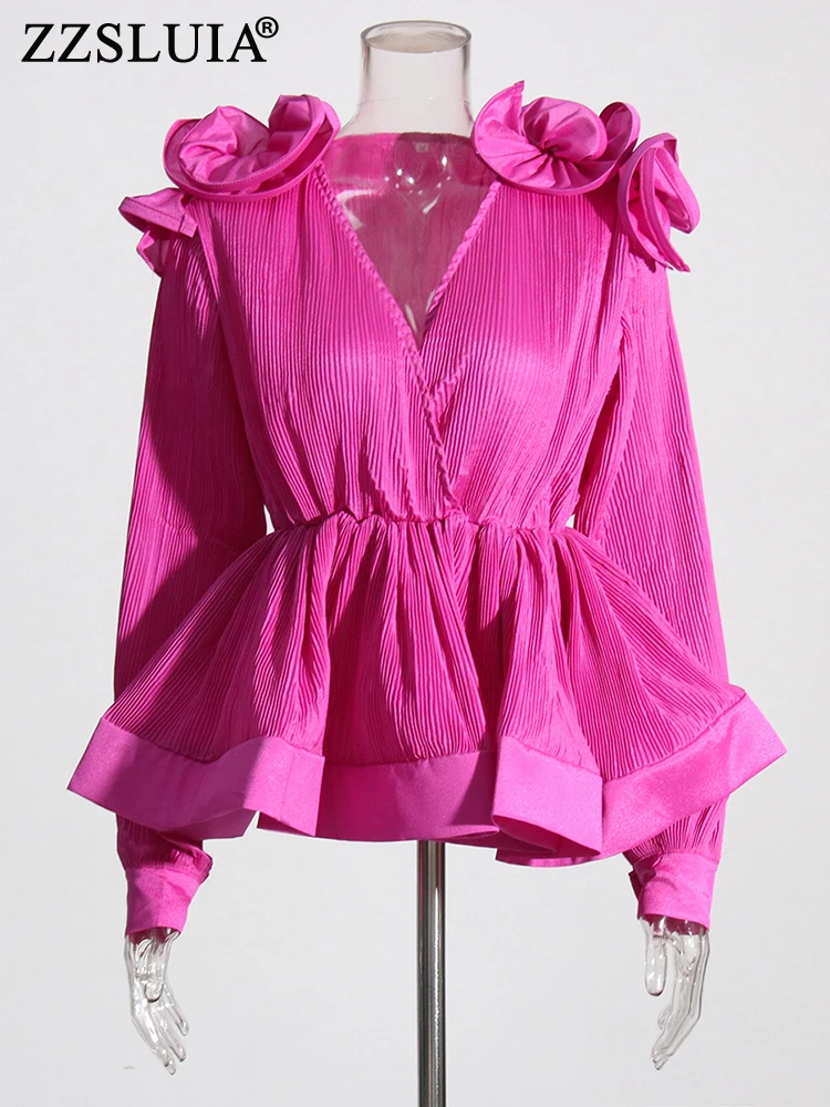 

ZZSLUIA Elegant Blouses For Women Solid Color 3D Flower Shirring Designer Slim Shirts Fashion Lantern Sleeve Ruffles Tops Female