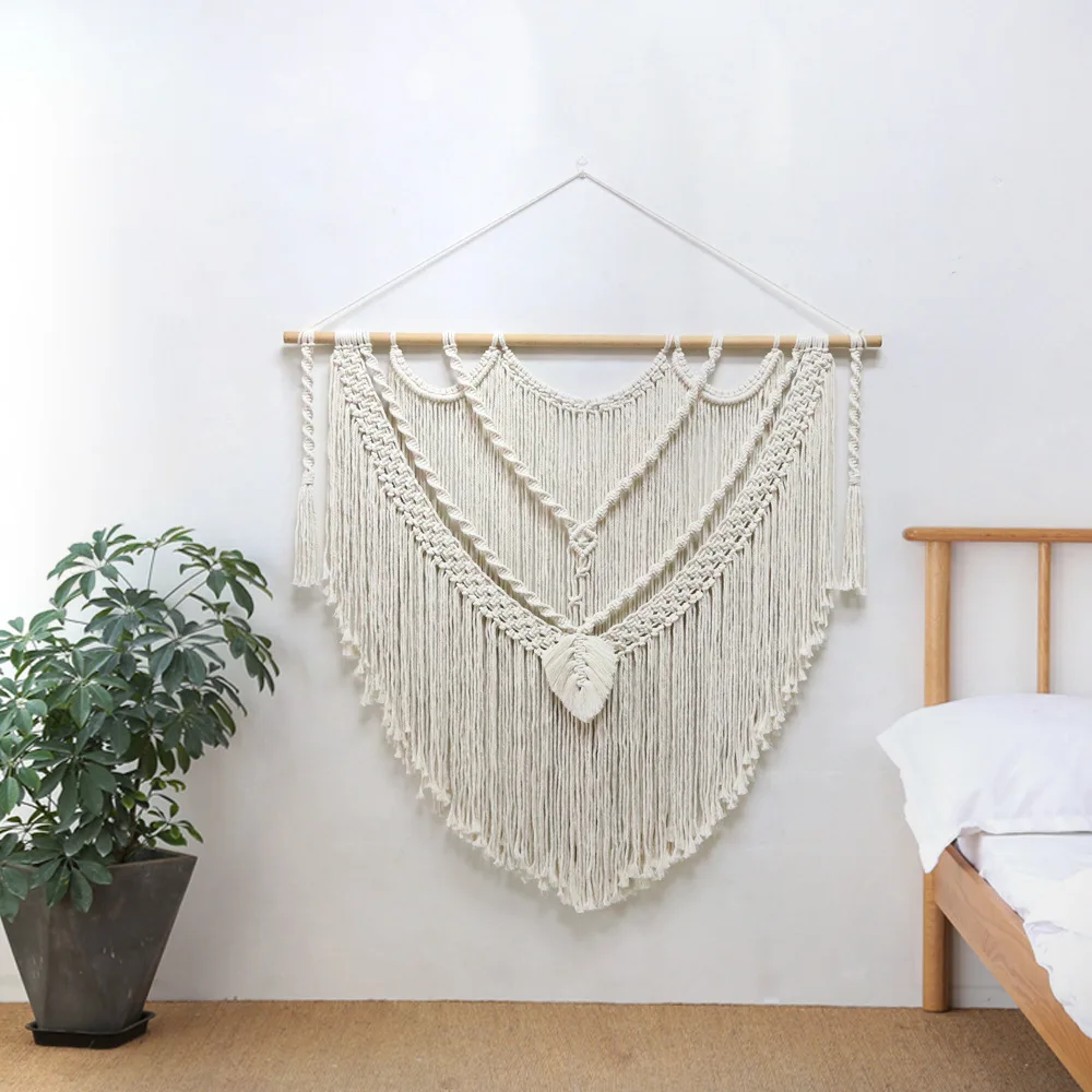 

Large Beige Tapestries with Bohemian Style Handweaving Ins Tassel Cotton Wall Hanging Decoration for Home Bedroom Background