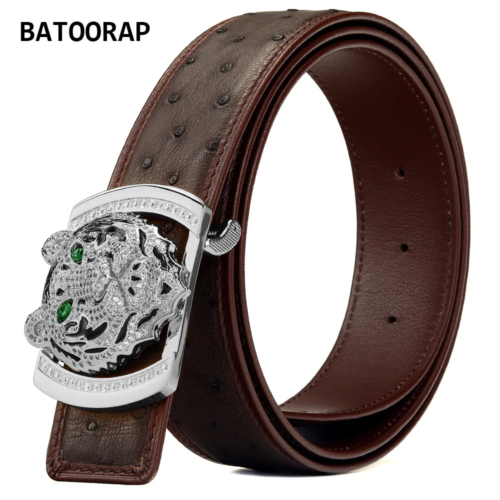 BATOORAP high-end South African ostrich leather belt brown domineering tiger head stainless steel buckle luxury designer style