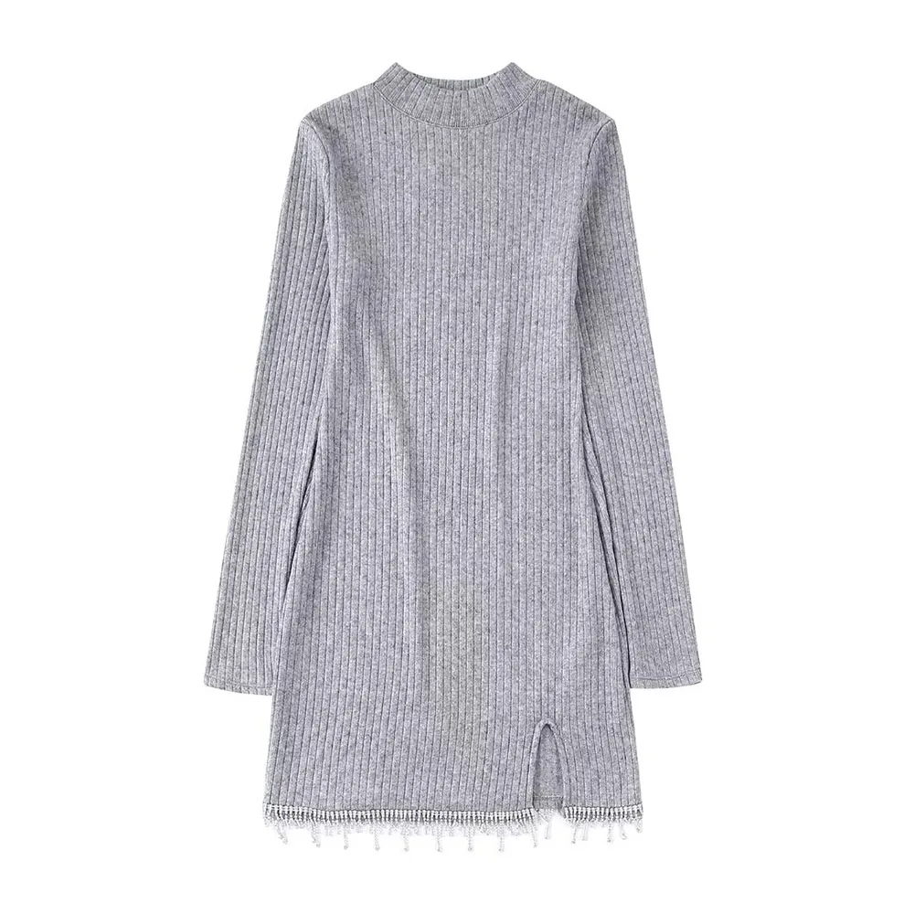 

Fall New Fashionable Women's Temperament Crew Neck Long Sleeve Hem Jewelry-embellished Knit Slim Mini Dress