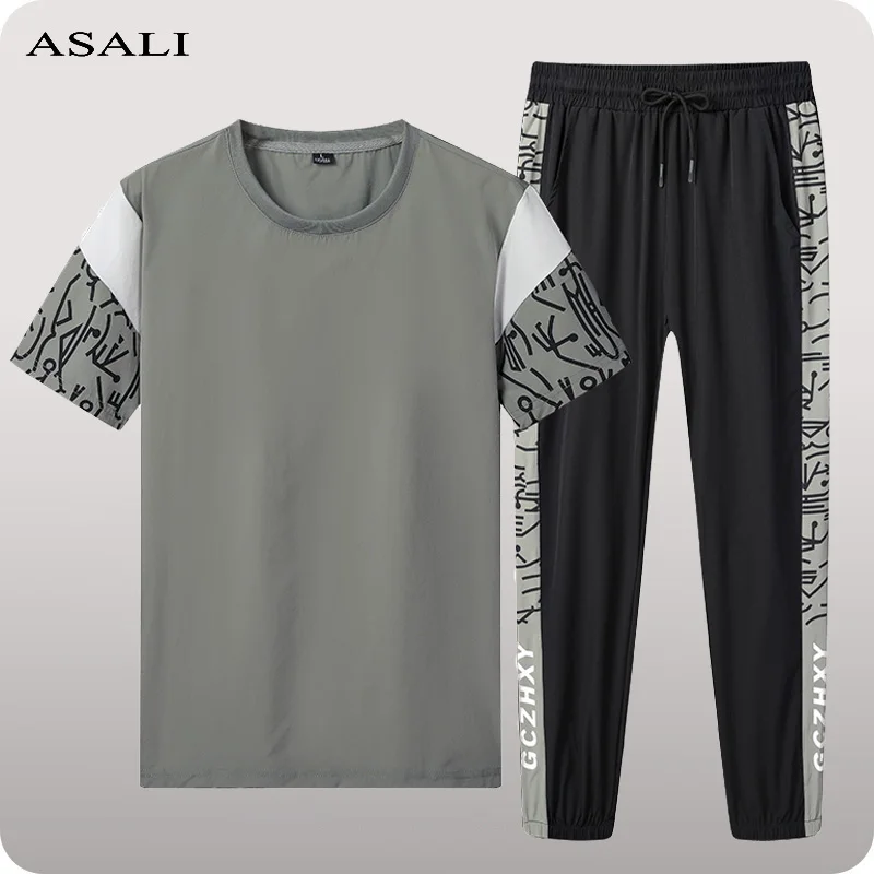 

Men Sets 2 Pieces Tracksuit 2023 Summer Short Sleeve Tops+Long Pants Streetwear Loose Mens Suit Casual Sportswear Male Clothing