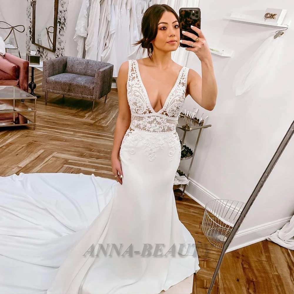 

Anna Elegant Satin Wedding Dress For Bride Cut-out Deep V Neck Vintage Tank Sleeveless Lace Appliques Backless Brush Train
