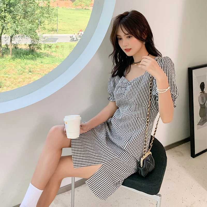 

SEMIR Dress Women Puff Sleeves Gentle 2021 Summer New Girls Dresses Split Black And White Plaid Dress Trend