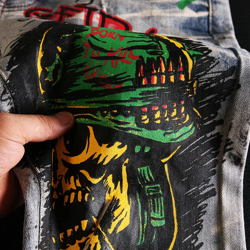 Skull Graffiti Printed Ripped Denim Jeans Hip Hop Distressed Biker Jeans Fashion Streetwear Slim Pants Joggers Y2k Men’s Jeans