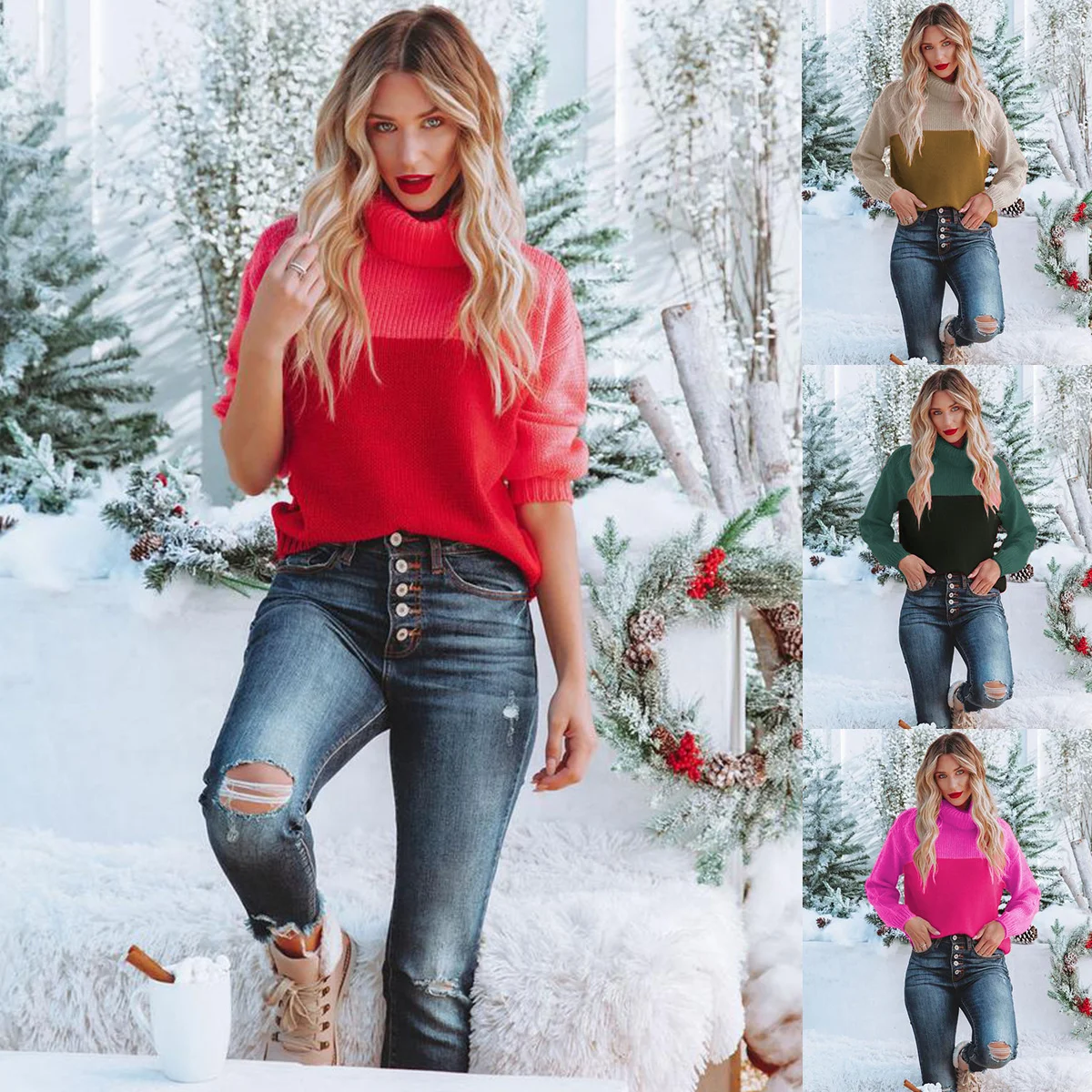 

Autumn and Winter Casual Fashion Contrast High Neck Knitwear Women's Large Pullover Sweater Women2023