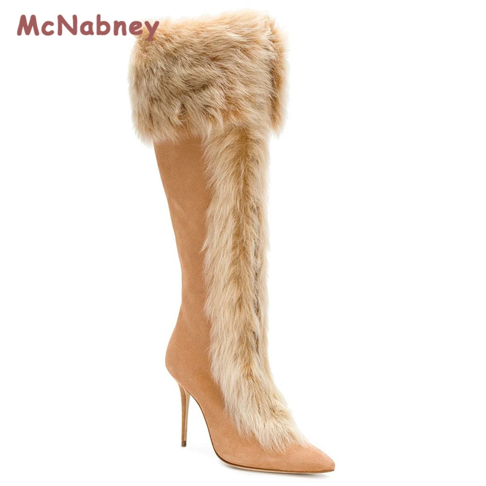 Women's Winter Fluffy Rabbit Fur Boots Woman Plush Warm Snow Boots Luxury Pointed Toe Knee High Boots Fashion Winter Shoes