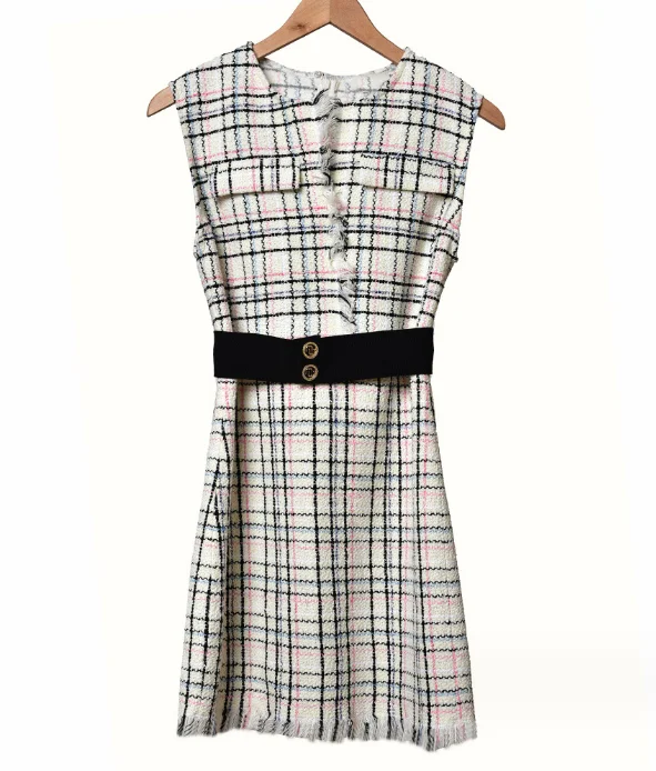 

Женское твидовое платье с бахромой и высокой талией, весна-лето