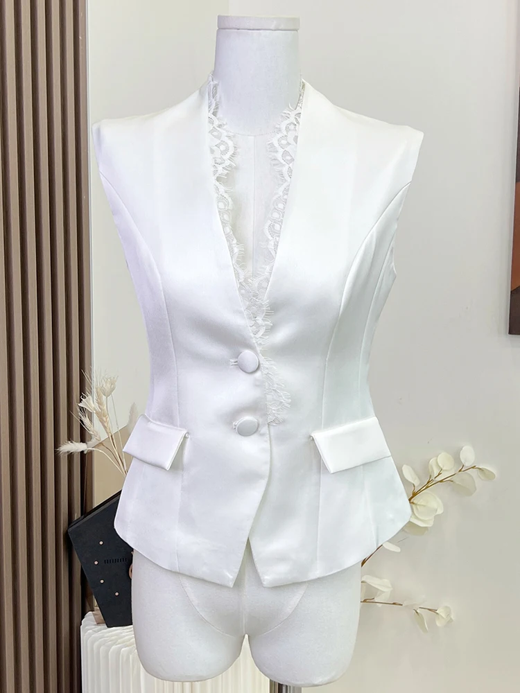 

New Summer Single-breasted Suit Vest Women Patchwork Lace Sleeveless Korean Vest Streetwear Ladie Business Designer Jacket Coat