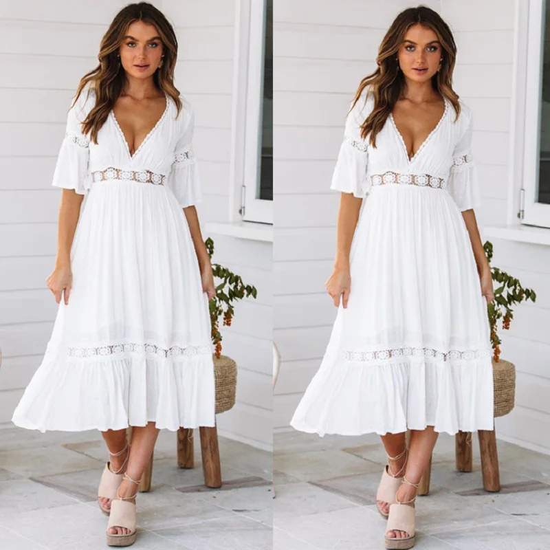 

White Dress For Women 2022 Summer Short Sleeve Hollow Out V Neck Casual Long Dress Bohemian Beach Style Dresses Dropshipping