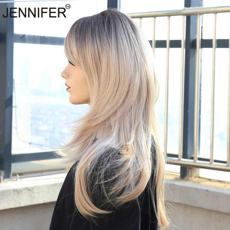 Синтетические парики длинные прямые Многослойные Омбре блонд полные с челкой