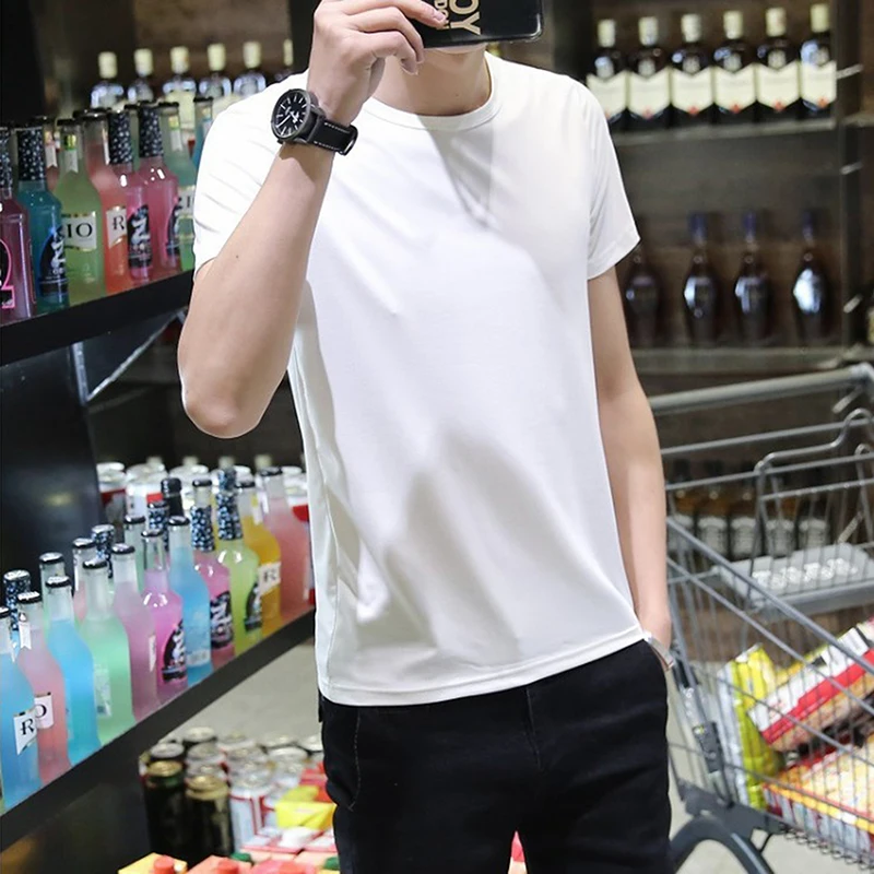 

B80052 Men Slim T-Shirt Men Plain Tee Standard Blank T Shirt Black White Tees Top