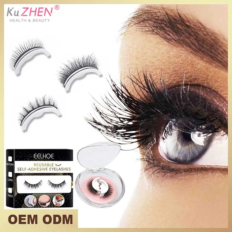 

1Pair Self-adhesive False Eyelashes 3D Curly Thick Wispy 3 Seconds to Wear No Glue Needed Fake Eyelashes Eye Extension Tool