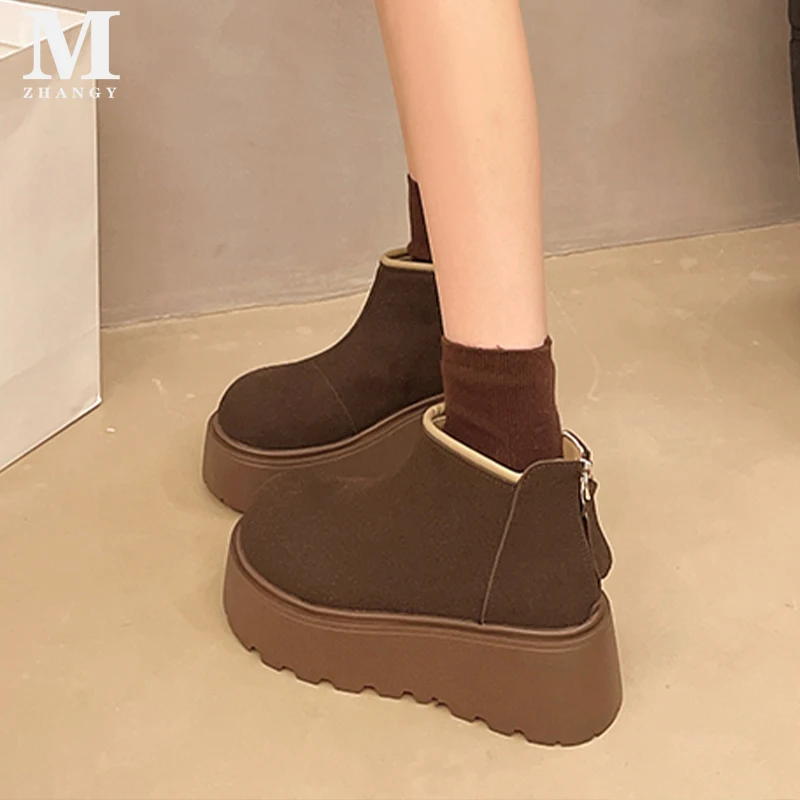 Женские ботинки на плоской подошве платформе ботильоны зимняя замша теплая