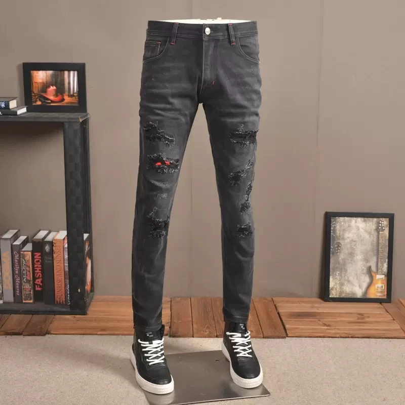 Newly Designer Fashion Men Jeans Retro Black Gray Stretch Slim Fit Hole Ripped Jeans Men Patch Designer Vintage Pants Hombbre